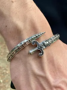 Gothic Punk Sword Spring Adjustable Rhinestone Bracelet, Dark Vintage Personalized Rune Party Men's Bracelet, Unique Style Accessory