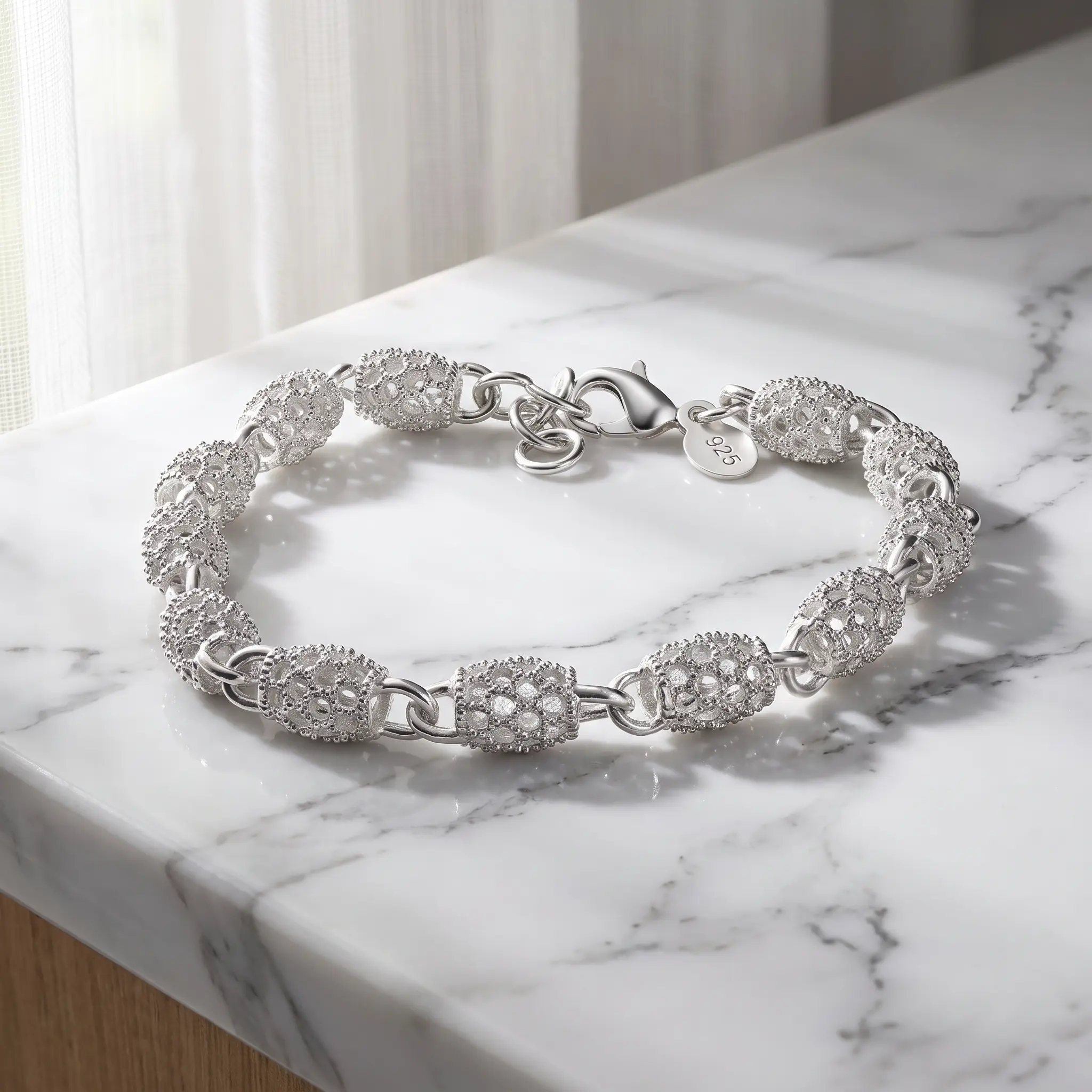 925 Pure Silvery Filigree Hollow Lantern Bead Link Bracelet for Women, 20CM(7.87in) Adjustable Long LuckyLu Tong Charm Bracelet, 18g(0.635oz) Vintage Openwork Hollow Chain Bracelets, Hypoalergenic Silver Jewelry Gift for Birthday, Valentine, Mother’s Day,