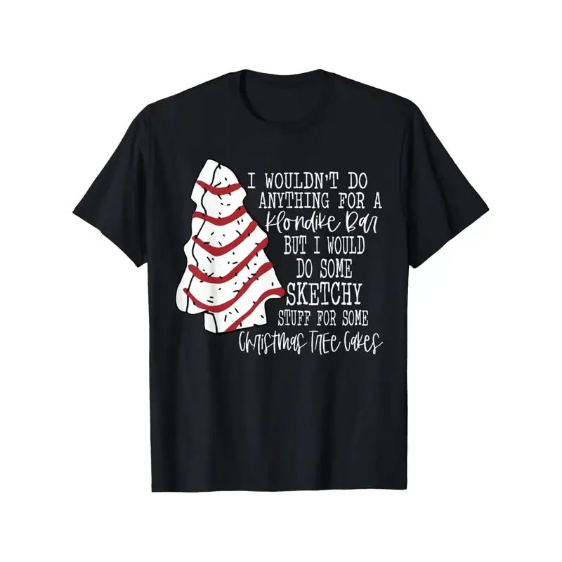 Men's Casual Style Short-Sleeve Pure Cotton Black T-Shirt - Fun Christmas Tree Cake Text Graphic Tee, Marcus the Worm Merch, Wicked Streetwear, US Factory-Made, Straight Hem, Machine-Washable, Durable, Christmas Family Pajamas Crewneck Tshirt