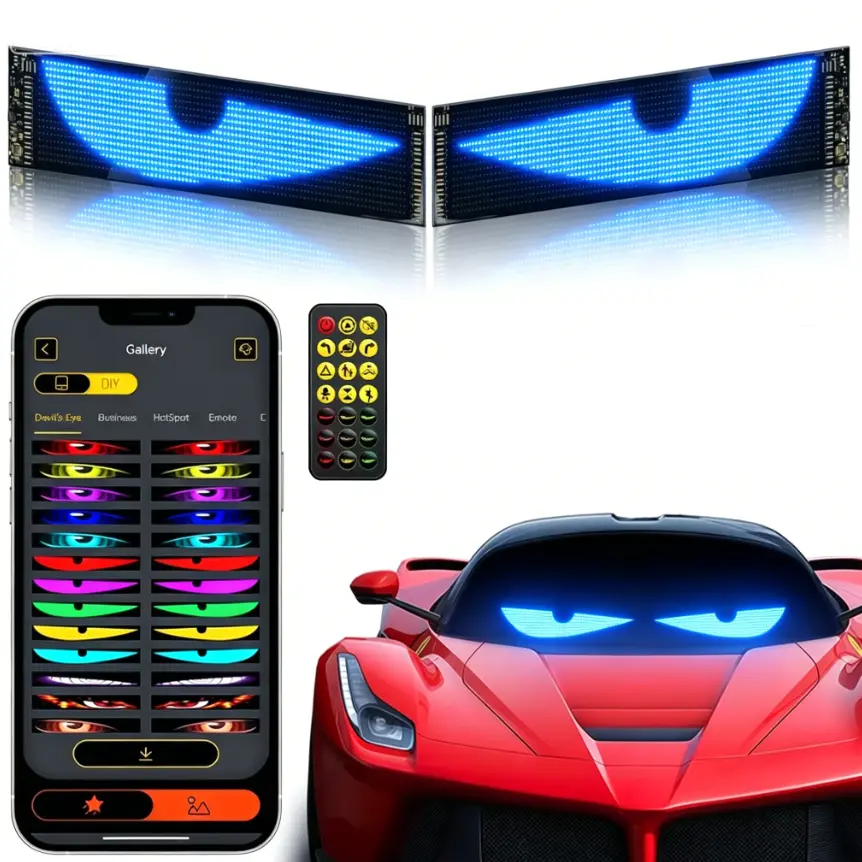 Devil's Eye LED Flexible Display Car Light with Animation App Programmable Soft LED Screen Customizable Effect Voltage USB for Vehicle Christmas Decoration Gift Car Blinking Eyes Lights Inside
