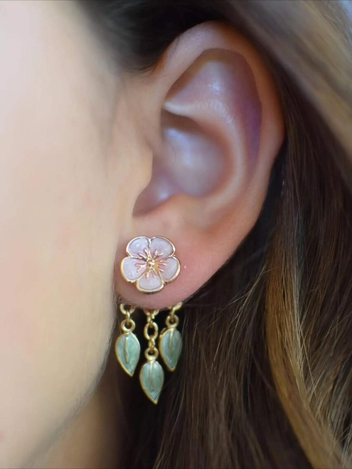 Stereo Peach Blossom Leaf Bordered Dangling Earrings, Alloy Baking Paint Bohemian Cute Style Drop Earrings for Women, Fashion Stylish Jewelry for Party, Daily Decor