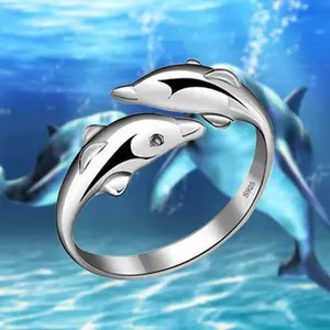 Swimming Dolphins Love Open Silver Ring - Silver Finish with Dolphin Design, Featuring Two Dolphins in a Single Band