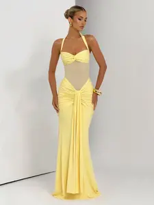 Elegant Backless Mesh Dress with Tie Front, Waist Cut-Out Design, Full Body Ruching, Tailored Fit for Evening Events & Parties