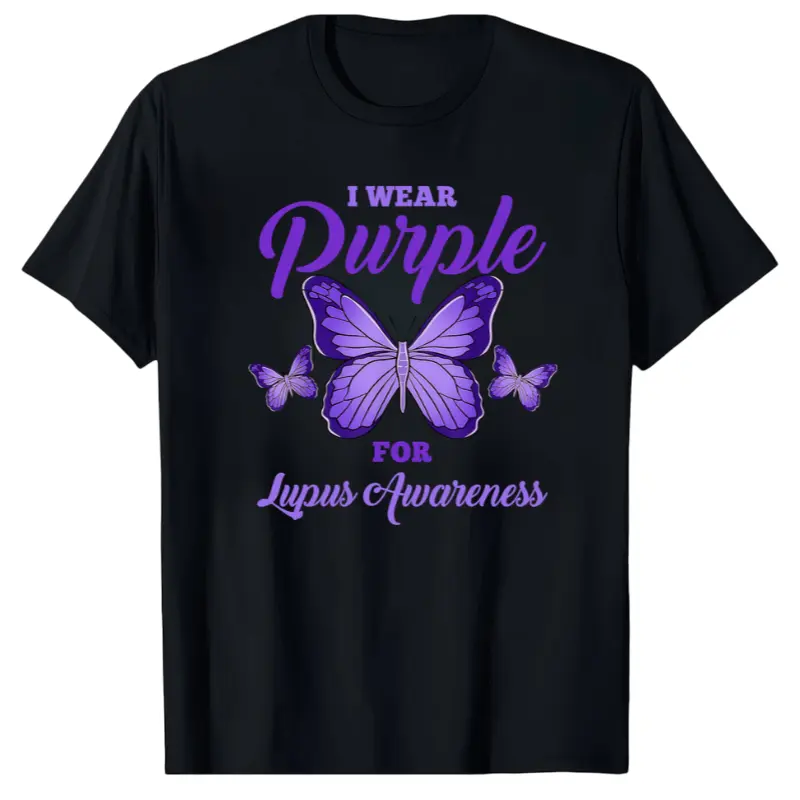 Women's Black Streetwear Oversized T-Shirt - Lupus Awareness Purple Butterfly Print, Natural Spandex Seamless Basic, Casual Loose Fit for Everyday Wear & Sports, Shortsleeve
