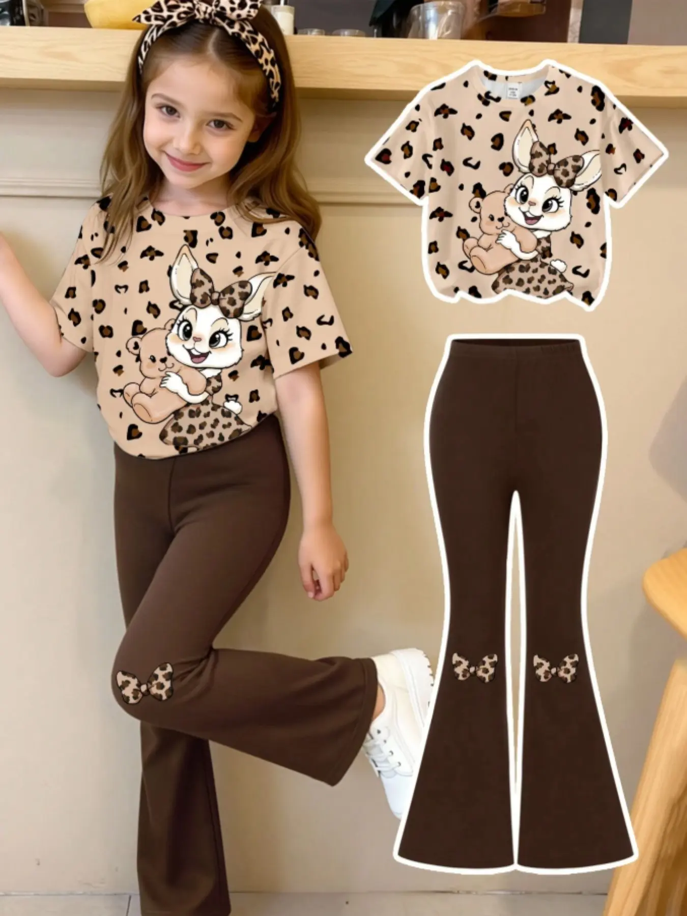 Young Girls Casual Fashion Set, Creative Personalized Cartoon Leopard Rabbit Teddy Bear Bowknot Prints, Fitted T-Shirt and Bell Bottoms, Fashion Style Sets, Cute Clothes Kids Clothing Set