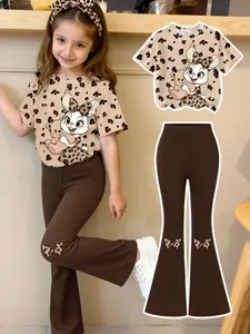 Young Girls Casual Fashion Set, Creative Personalized Cartoon Leopard Rabbit Teddy Bear Bowknot Prints, Fitted T-Shirt and Bell Bottoms, Fashion Style Sets, Cute Clothing Set