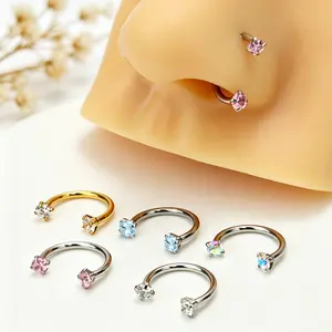 Gungling 16G (1.2 mm) G23 Titanium 8 mm Horseshoe Nose Ring, set with two cubic zirconia stones, C-shaped loop, internal thread, comes with a free ball back