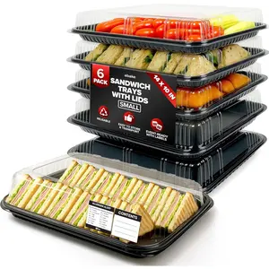 6 Pack Catering Trays with Lids – 13" Serving Tray with Lid, Heavy Duty Recyclable Plastic Party Platters for Catering, Buffet, Picnics & Events – Food Trays with Clear Lid (13.39 × 9.84 × 2.95 inch)