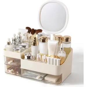 Makeup Organizer with Mirror and 3 Drawers,Skincare and Cosmetics Organizer Countertop,Makeup Brush Holder,Large Cosmetic Display Case for,Desk,,Bedroom(Cream)