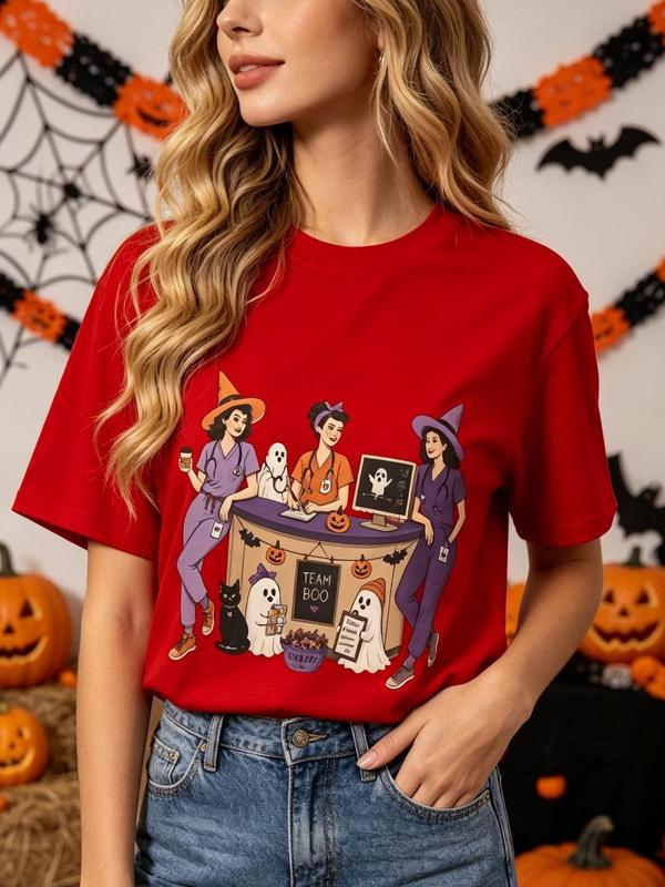 Plus Size Women's Nurse Halloween Shirt Oversized Graphic Tee Crewneck Short Sleeve Witch Nurse Team Boo Healthcare Worker T Shirt