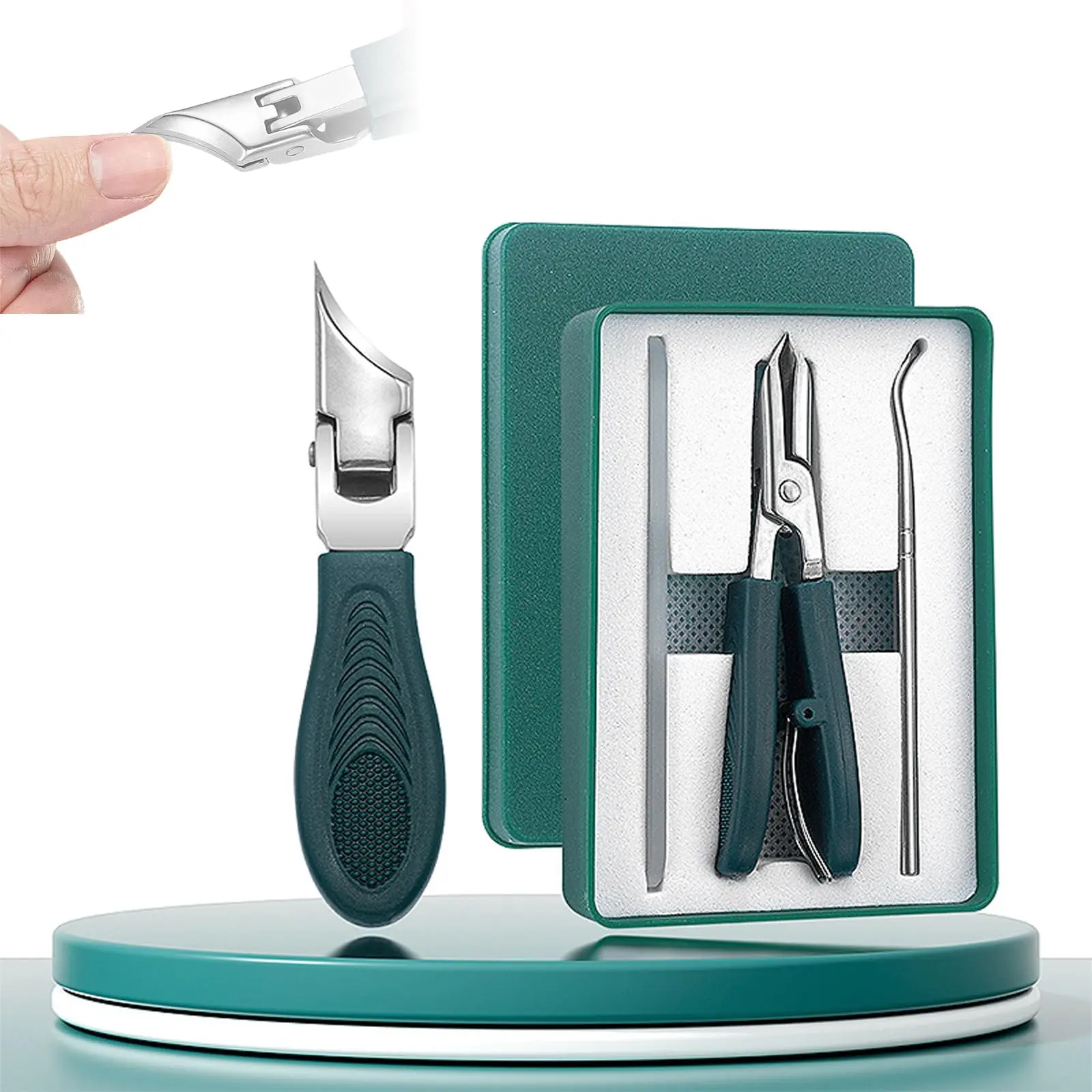 Eagle Beak Beveled Edge Nail Clippers 3-Piece Set - Wide Jaw Opening, Anti-Splash, Long Handle for Daily Nail Care, Manicure, Easy Carry (Green)