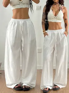 Women's Fashion Bohemian Wide-Leg Pants (Textured Fabric) — Drawstring Waist & Relaxed Fit; A Top Choice for Summer and Everyday Wear, Featuring a Street-Style Straight-Leg Design