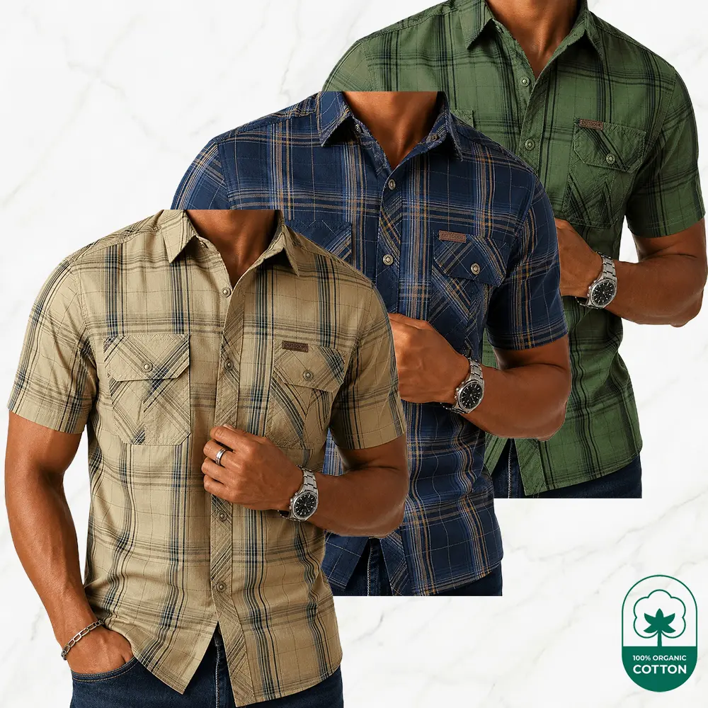 Menswear Men's Regular Fit 100% Cotton Short-Sleeve Plaid Shirt, Turn-Down Collar, Button-Front Design, Chest Pocket, Machine-Washable Casual Top for Everyday Wear, Travel.Summervibes