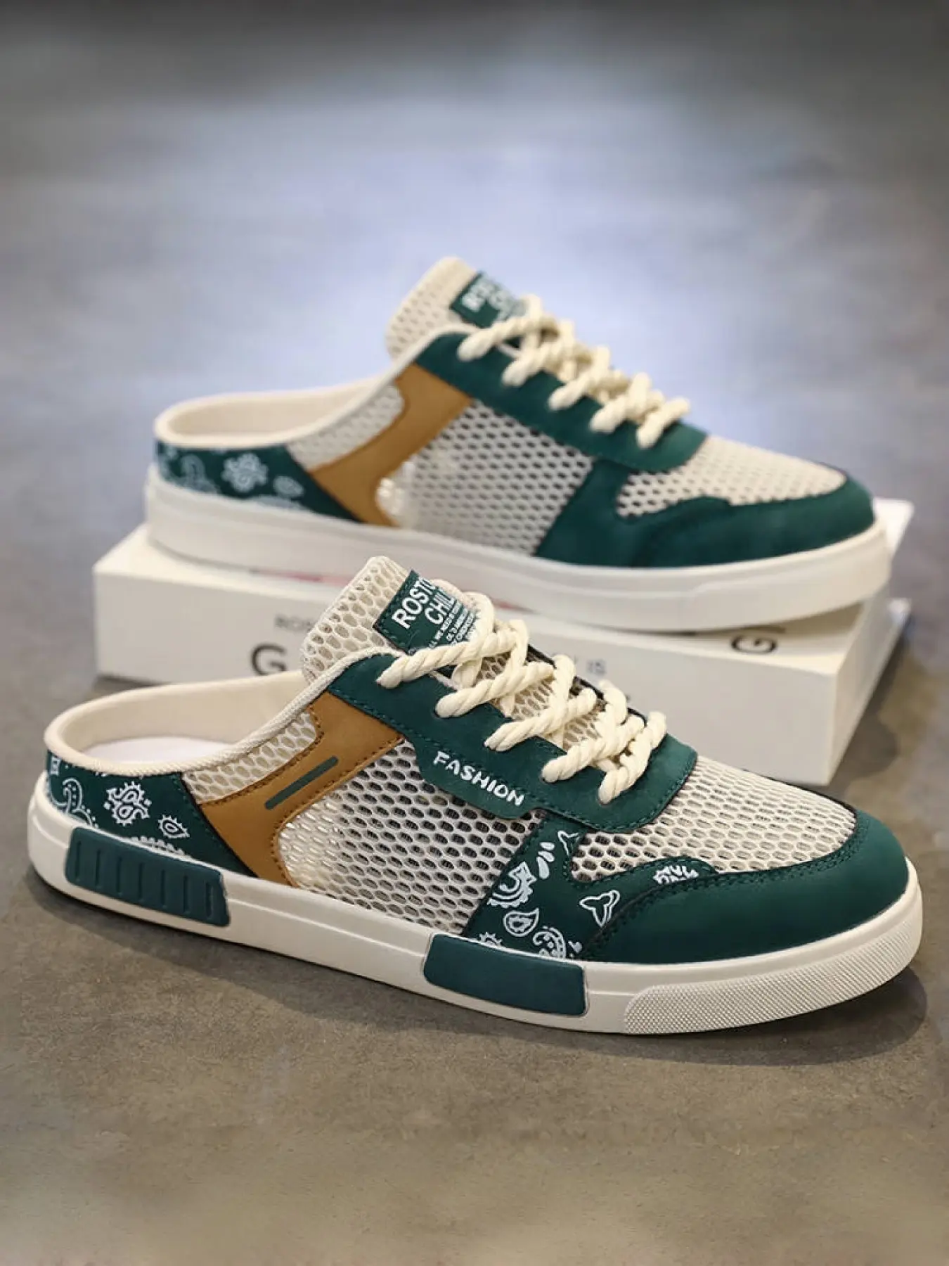 Plus Size Men's Green-Brown Paisley Mule Sneakers, Stylish Light & Breathable Style, Hollowed Mesh + Paisley Paneling + "FASHION" Logo, Breathable & Refreshing, Plus Size Friendly , Ideal for Plus Size Men's Summer Leisure & Light Outings, Footwear