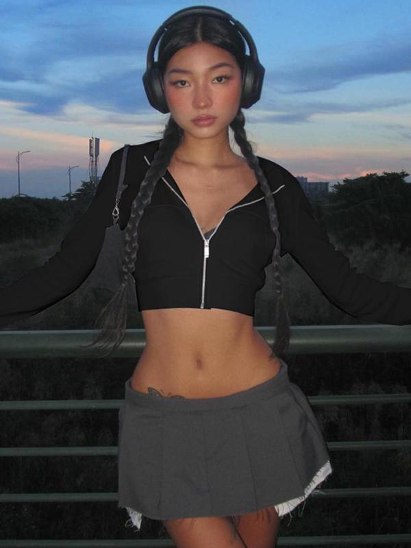 Women's Plain Zip Up Crop Hoodie, Casual Long Sleeve Pocket Crop Hooded Jacket for Spring & Fall, Women's Clothing for Daily Wear