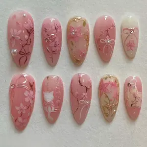 24pcs 3D Flower Gradient Bow Sweet Rhinestone Pearl Nail Art Design, Removable Style, Fashionable Manicure Tips