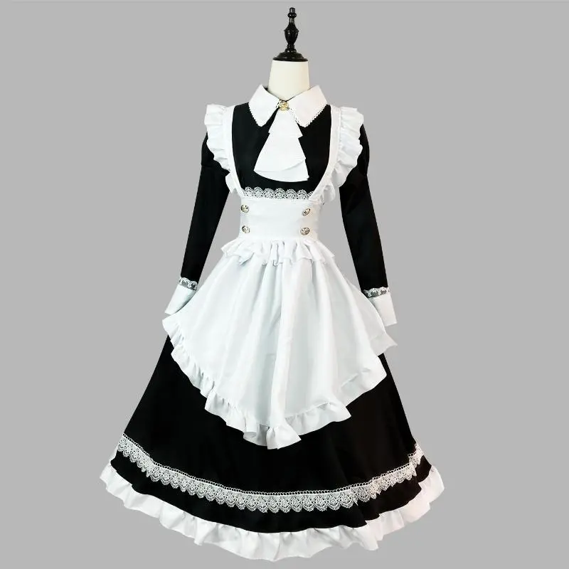 Women's British Aristocratic Long-Sleeved Lolita Maid Costume Set - Plus-Size (2xl,4xl,5xl) Black White Party Dress with Apron, Fashion Accessory Set