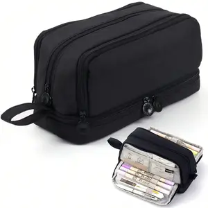 Large-capacity pencil case with 4 compartments, zipper pencil bag with portable handle, stationery organizer for office, school, adults, teenagers, girls, boys, unisex, black