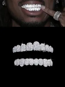 1PC/2PCS/SET 18K Silvery Cubic Zircon Grillz Teeth 10 Teeth Top Bottom Grills Iced Out Mouth Punk Tooth Braces Cosplay Rapper Jewelry
