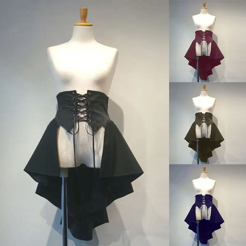 Women's Elegant Gothic Victorian High-Waist Irregular Asymmetrical Corset Skirt - Back Lace-Up Tie, Ruffle High-Low Tail Train Bustle, Layered Waist Accessory - 3 Colors (Black,Burgundy,Navy) | Womenswear Bottom