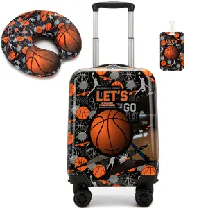 3-Piece Kids Carry-on Luggage Set for Boys | Basketball Sports Rolling Travel Suitcase with Neck Pillow and Luggage Tag | Cool Wheeled Overnight Weekender Bag holiday birthday gift lightweight summer hardside