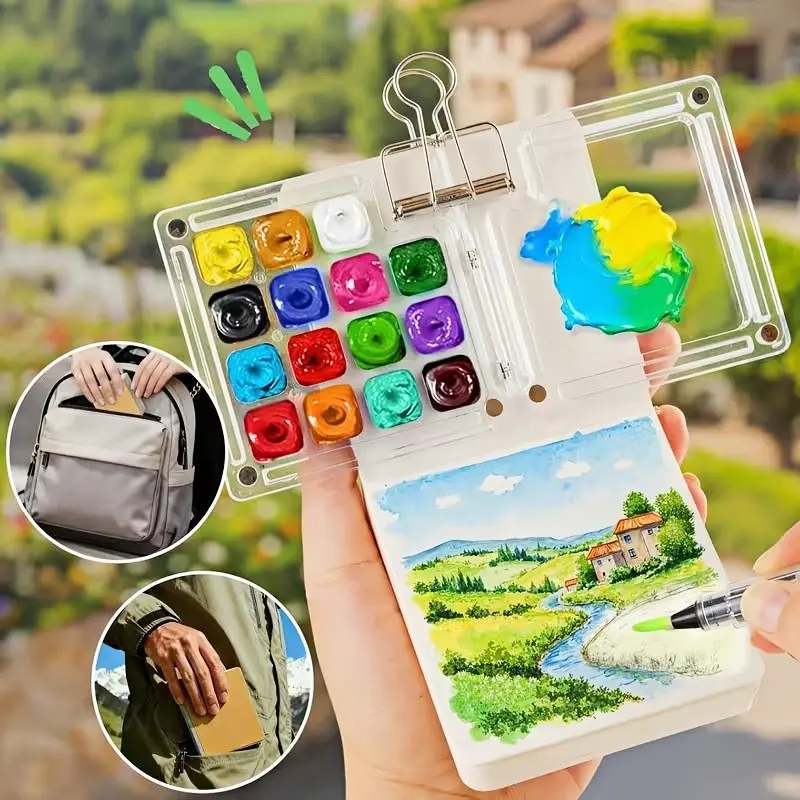 8/15 Grid Portable Travel Palette Set of 5, Portable Art Supplies, includes 3 watercolor brushes and a clip. Light and easy to carry, ideal for outdoor sketching, watercolor, gouache, and acrylic painting. Perfect gift for artists, painters