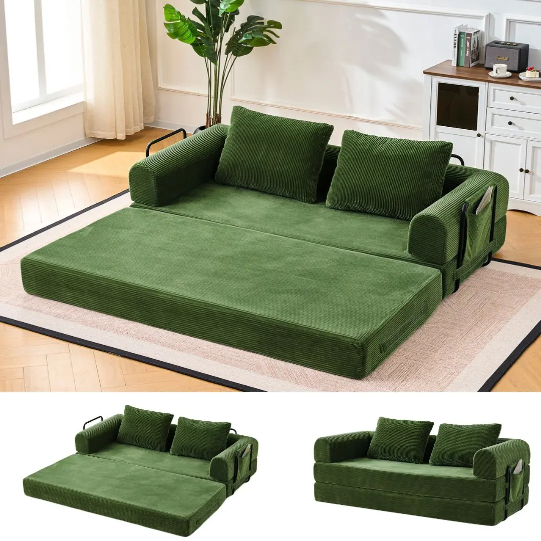 79”Convertible Sleeper Sofa Bed, Supportive High-Density Foam Loveseat Sleeper Couch with 2 Oversized Pillows, 5-in-1 Modular Corduroy Floor Futon Folding 2 Adults Bed Floor Mattress for Small Spaces, Washable Cover, No Assembly