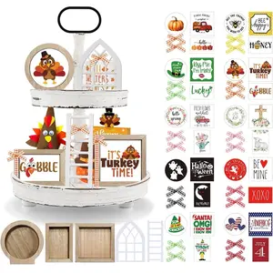 Farmhouse Tiered Tray Decor Set,Interchangeable Year Round Seasonal Decorations Christmas Decorations for Home Thanksgiving Decor Halloween Decor Rustic Wooden Frames + Mini Arch + Ladder-NO Tray