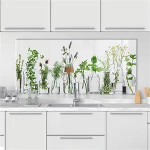 GCKG Bottle of essential oil with herbs Green Plants Flowers Tempered Glass Kitchen Backsplash, Stove Back Cover, Stove Splashback, Cutting Board, Kitchen Wall Decor