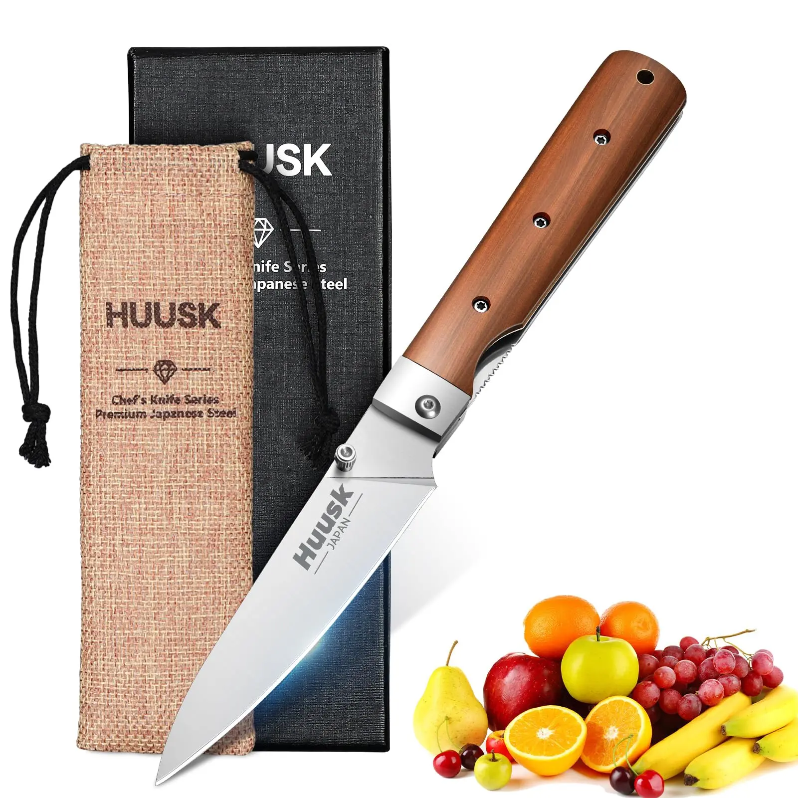 Huusk Household Outdoor Folding Fruit Knife with 440C Stainless Steel Blade, Portable Kitchen Knife with Wooden Handle, Perfect Gift for Any Occasion