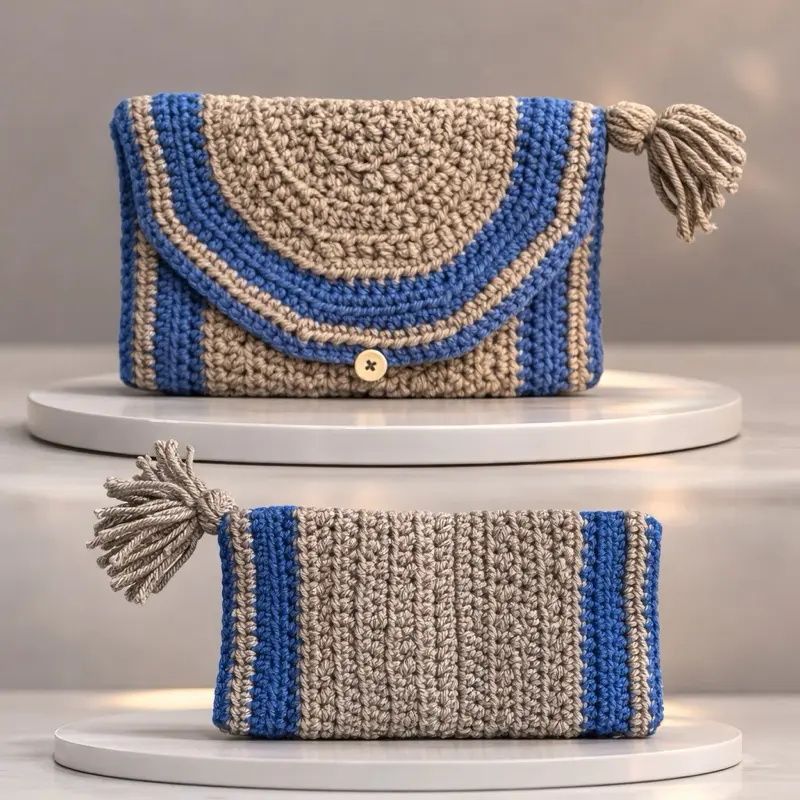 The Artisan Knot Clutch - Handcrafted Crochet Design with Tassel Detail and Button Closure for Stylish Everyday Use