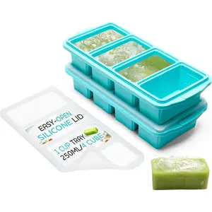 Silicone Freezer Tray With Lid - Soup Freezer Container Molds Large Ice Cube Tray Makes 8 Perfect 1 Cup Portions Cubes 2-Pack Freezer Storage for Food Soups & Meal Prep Oven & Dishwasher Safe