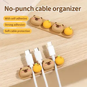 Capybara Cute Cartoon Desktop Cable Organizer, Phone Charging Line Data Fixed Holder, Desk Accessories, Bear Theme, Soft Gel Pad, Durable Fixer