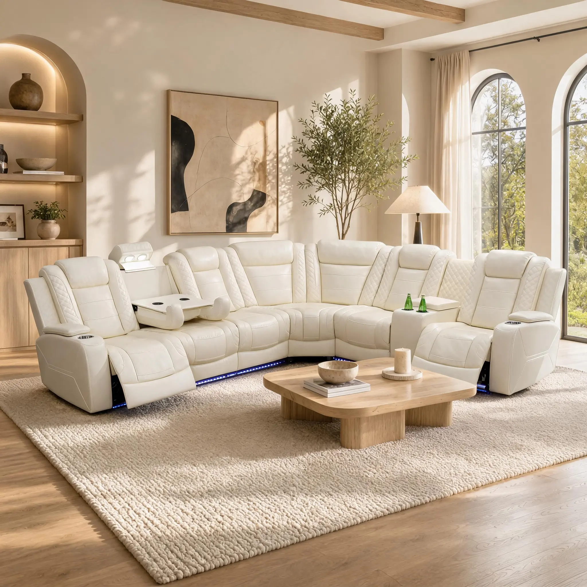 Off-White Electric Recliner Sofa Breathing Leather 3-Piece Living Room Set with LED Lighting & Modern Design Upholstered Soft Couch Upholstered Sectional Power Reclining