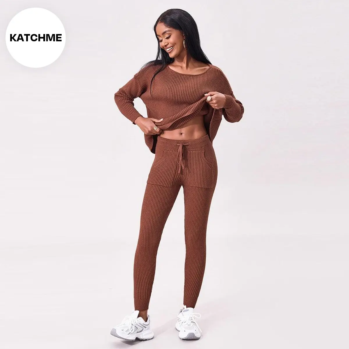 KatchMe Women's Casual Solid Color Ribbed Knit Sweater & Skinny Trousers Co-ord, Comfy Scoop Neck Long Sleeve Top & Drawstring Trousers Two-Piece Set