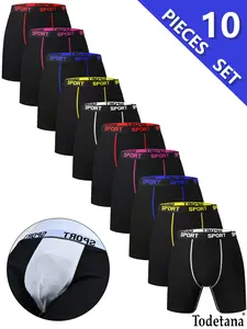 10 Packs Men's Stretchy Boxer Briefs – Casual Slim Fit, Breathable, Moisture-Absorbing Underwear for Daily Wear, All Seasons, Athleisure Menswear, Solid Color/Letter Tape – Ideal Christmas Gift