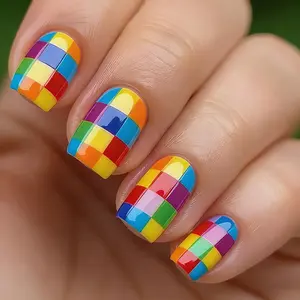 24pcs Press-On Nails Set, Rainbow Checkerboard Design, Y2K Summer Multicolor Square Fake Nails, Includes Jelly Glue & File,