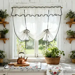 1 PC Tie Up White Balloon Curtain with Black Trim for Small Window Adjustable Window Treatment with Valance for Kitchen Light Filtering Balloon Window Shades for Doorway Cabinet Rod Pocket