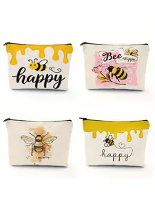 Bee Happy Bee Theme Makeup Bag, Cosmetic Pouch, Handbag, Wash Bag, Simple Cute Healing Style with Zip, Perfect Gift for Friends Daughter Mother Grandma