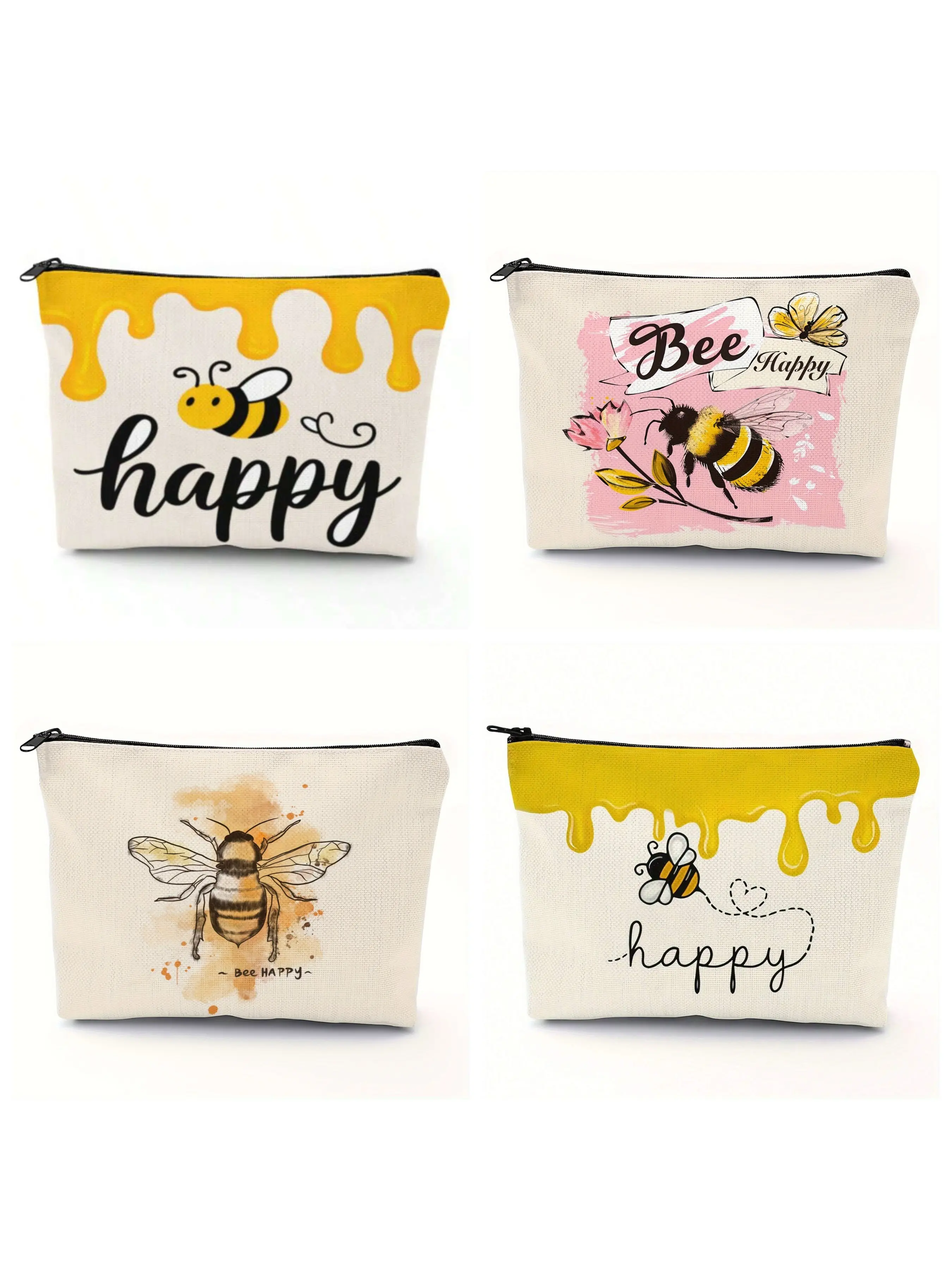 Bee Happy Bee Theme Makeup Bag, Cosmetic Pouch, Cosmetics Bag, Cosmetic Bag for Purse, Beauty Storage Pouch, Handbag, Wash Bag, Simple Cute Healing Style with Zip, Perfect Gift for Friends Daughter Mother Grandma