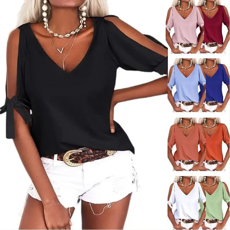 Imily Bela Women's Cold Shoulder Tops Short Sleeve V-Neck Casual Loose Cutout Summer Fashion Tshirts Blouse Shirts