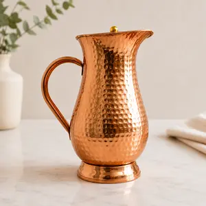 Pure Copper Pitcher with Lid, 1.5L Hammered Copper Water Jug, Handmade Copper Drinkware for Cold Water, Kitchen, Dining Table & Home Décor