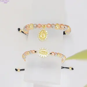 Adjustable Cord Beaded Bracelet Sacred Heart Gold Plated Charm Bracelet for Women Non-Tarnish Religious Bead Jewelry for Church Daily Casual Style