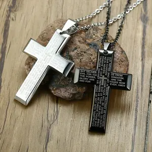 Men's 316L Stainless Steel Engraved "Our Father Prayer" Cross Pendant Necklace