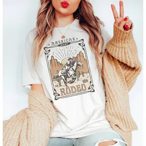 American Rodeo Cowboy T-shirt  Western Cowboy Horse Desert Cactus Retro Women Shirt