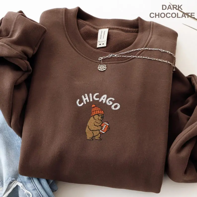 Embroidered Chicago Football Bear Sweatshirt, Arc Lettering Graphic, Sports Fan and Casual Clothing