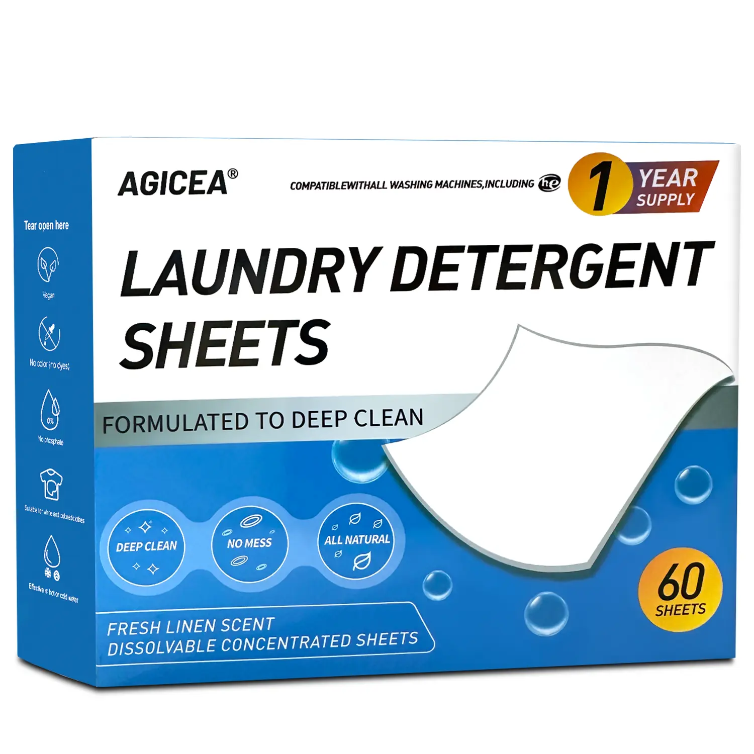 AGICEA Scented Laundry Detergent Sheets - 60 Loads, Fresh Breeze Scent, Deep Clean Eco-Friendly Dissolvable Strips, No Heavy Plastic Bottles, Space Saver for HE & Standard Washers