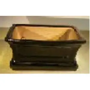 212 MAIN Professional Series Rectangular Black Ceramic Bonsai Pot - Pre-Wired, Root Anchoring, with Attached Moisture Drip Tray