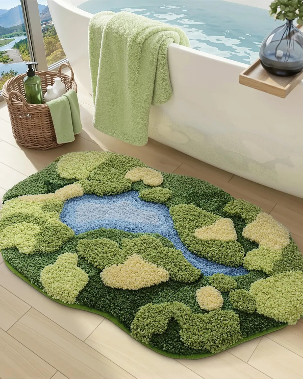 LUMI Moss Bath Mat, Cozy Modern Ultra-Thick Soft Green Plant-Themed Microfiber Rug with Non-Slip Rubber Backing, Fade-Resistant Water-Absorbent for Shower Floor & Sink, 20x32in Home Bathroom Accessory