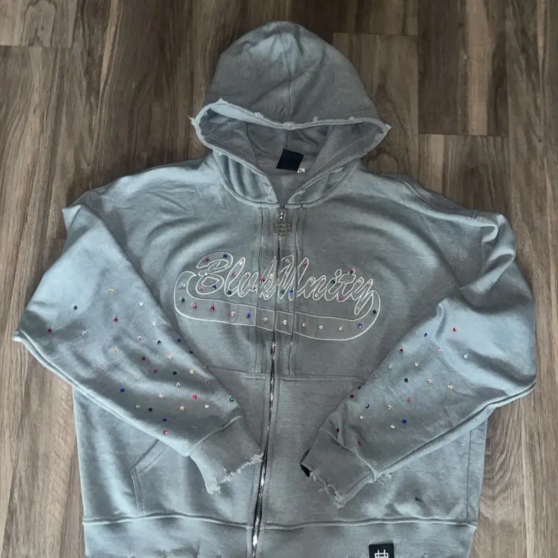 BlvkUnity 2.0 Rhinestone Zipup Grey Hoodie with Embellished Design and Zip Closure
